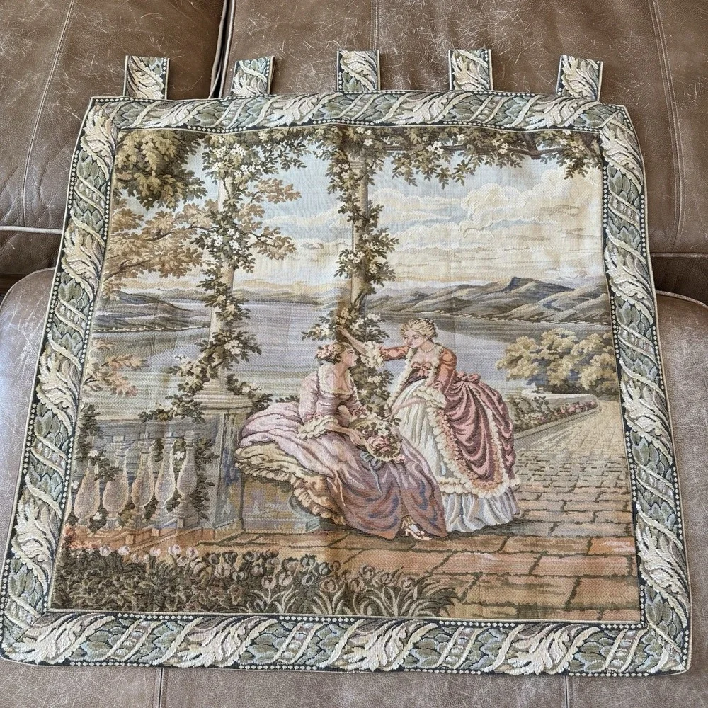 Vintage French Rococo Ladies Lake Como Woven Tapestry Wall‎ Hanging 33x32